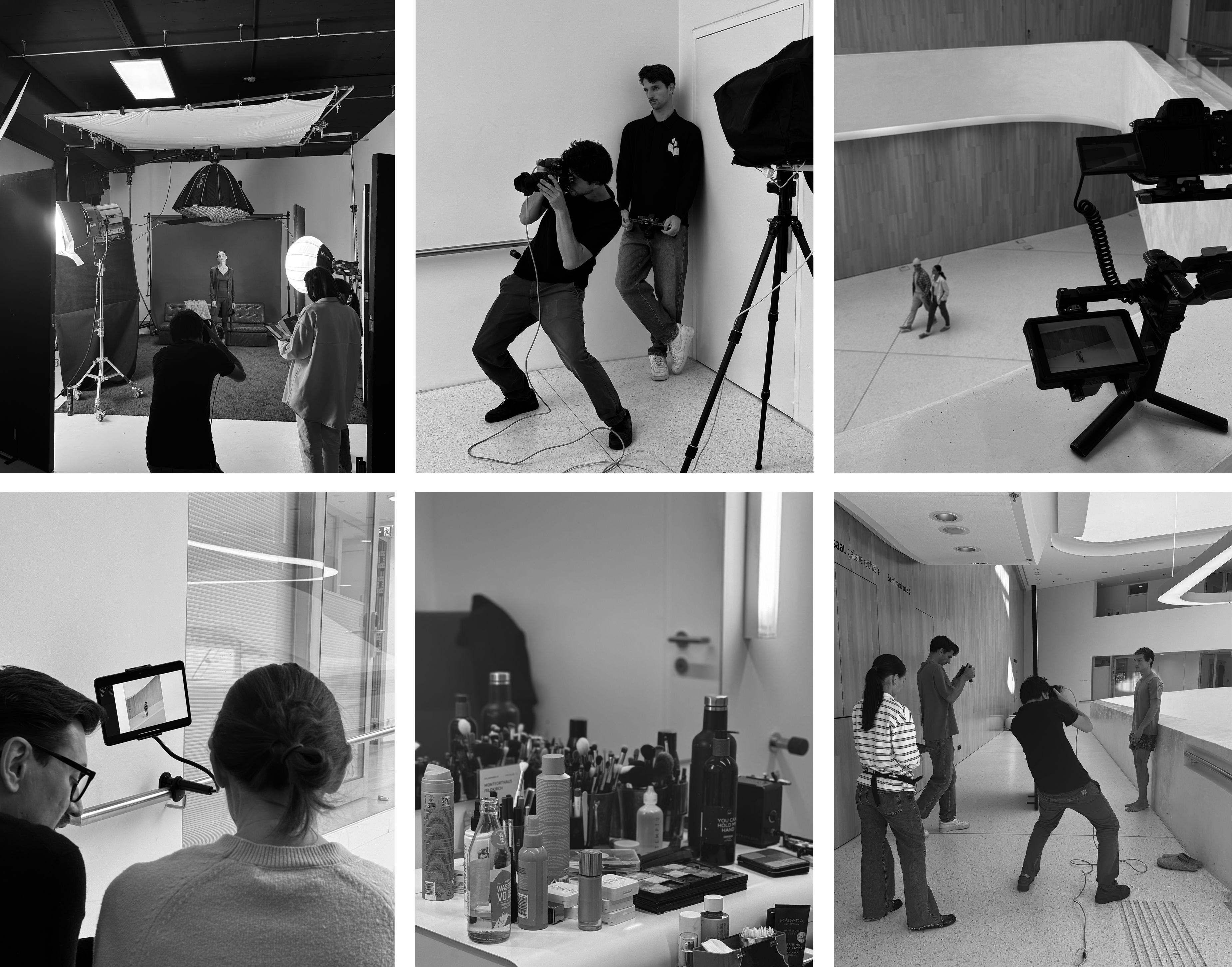 Collage of behind-the-scenes photos from a photo shoot in a studio setting.